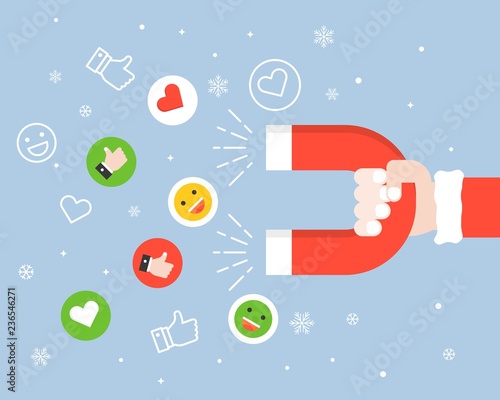 Santa claus hand carrying magnet and smiley faces, like symbol and heart icon, reach engagement in social network, flat design business digital marketing concept