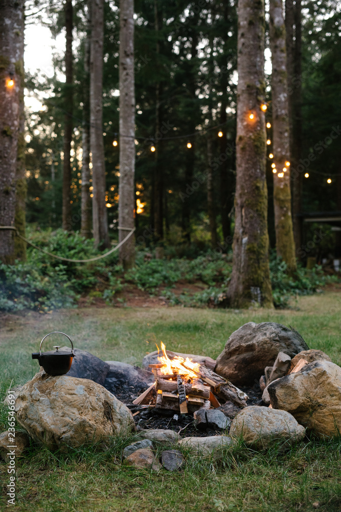 a campfire with a cast iron kettle a campfire with a cast iron kettle