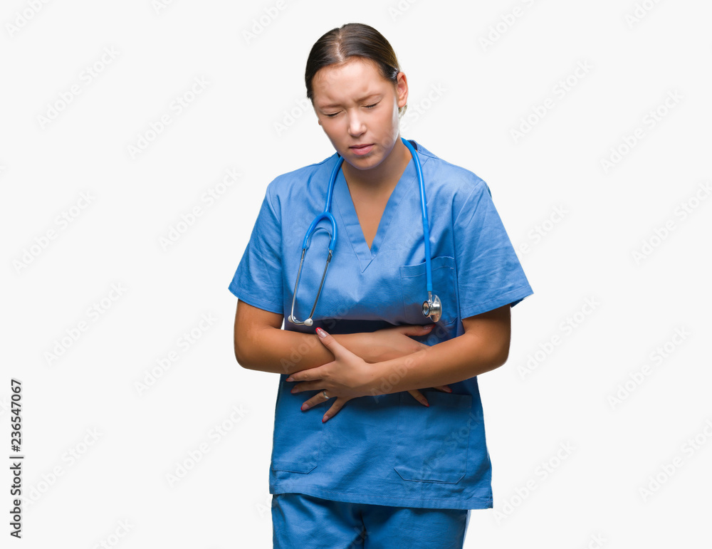 Young caucasian doctor woman wearing medical uniform over isolated background with hand on stomach because nausea, painful disease feeling unwell. Ache concept.