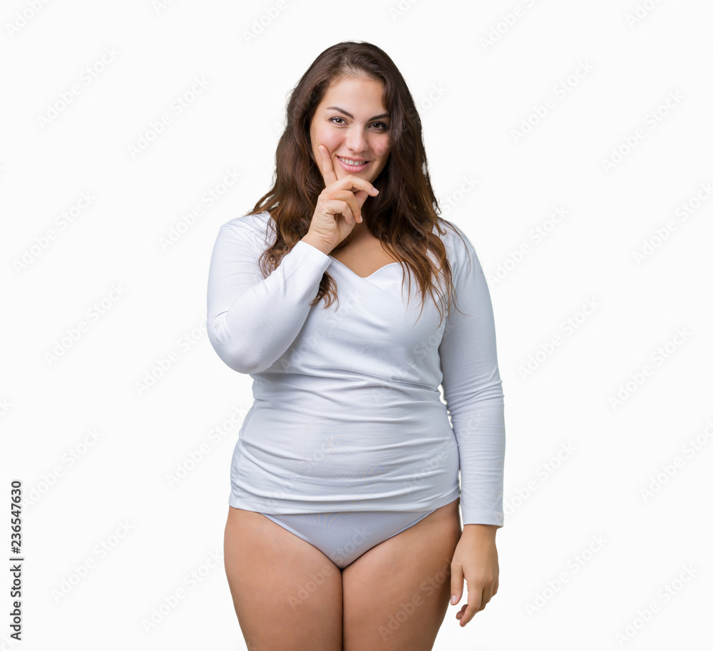 Beautiful plus size young overwight woman wearing white underwear over isolated background looking confident at the camera with smile with crossed arms and hand raised on chin. Thinking positive. Beautiful plus size young overwight woman wearing white underwear over isolated background looking confident at the camera with smile with crossed arms and hand raised on chin. Thinking positive.