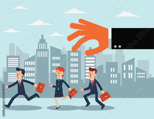 Big hand catching business people in the city street. Professional relations