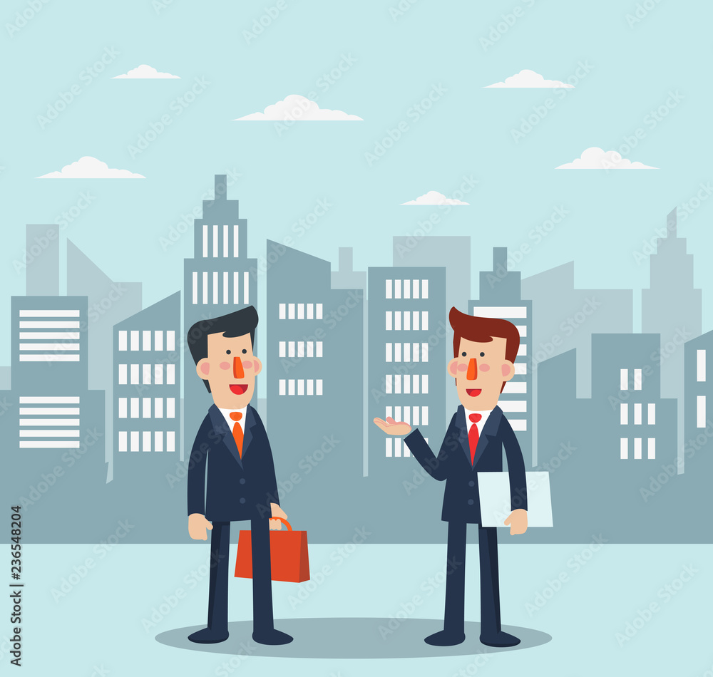 Two businessmen talking and discussing in a city street Two businessmen talking and discussing in a city street