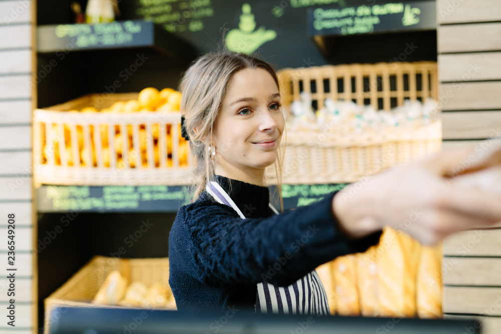 Content saleswoman serving clients
