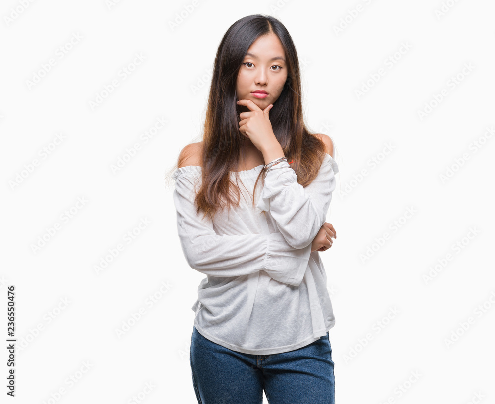 Young asian woman over isolated background looking confident at the camera with smile with crossed arms and hand raised on chin. Thinking positive. Young asian woman over isolated background looking confident at the camera with smile with crossed arms and hand raised on chin. Thinking positive.