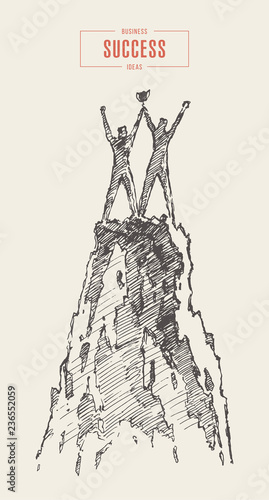 Two successful mountain hands teamwork top vector