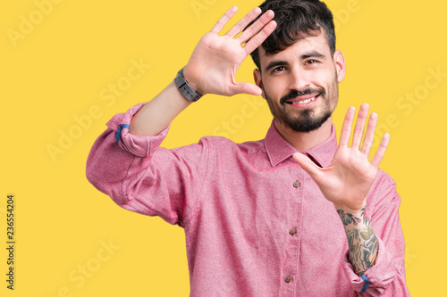 Young handsome man wearing pink shirt over isolated background Smiling doing frame using hands palms and fingers, camera perspective