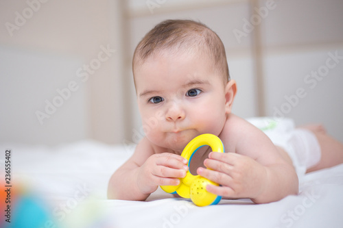cute baby boy is playing with rattle