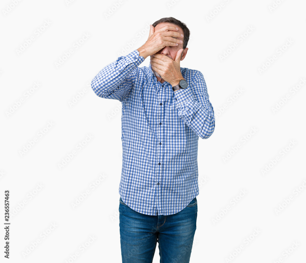 Handsome middle age elegant senior man over isolated background Covering eyes and mouth with hands, surprised and shocked. Hiding emotion Handsome middle age elegant senior man over isolated background Covering eyes and mouth with hands, surprised and shocked. Hiding emotion
