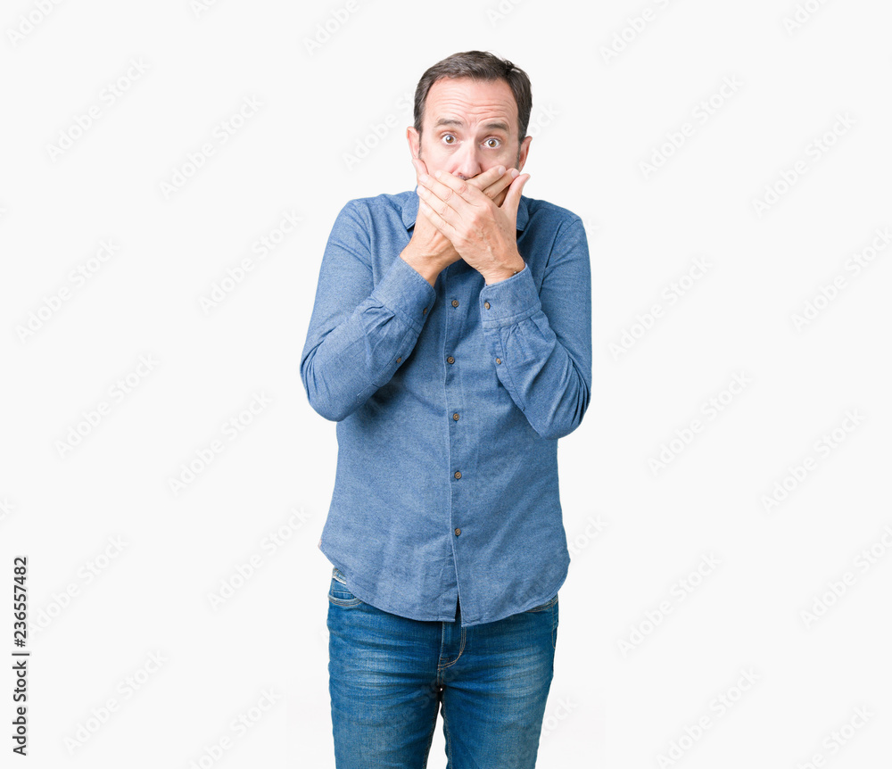 Handsome middle age elegant senior man over isolated background shocked covering mouth with hands for mistake. Secret concept. Handsome middle age elegant senior man over isolated background shocked covering mouth with hands for mistake. Secret concept.