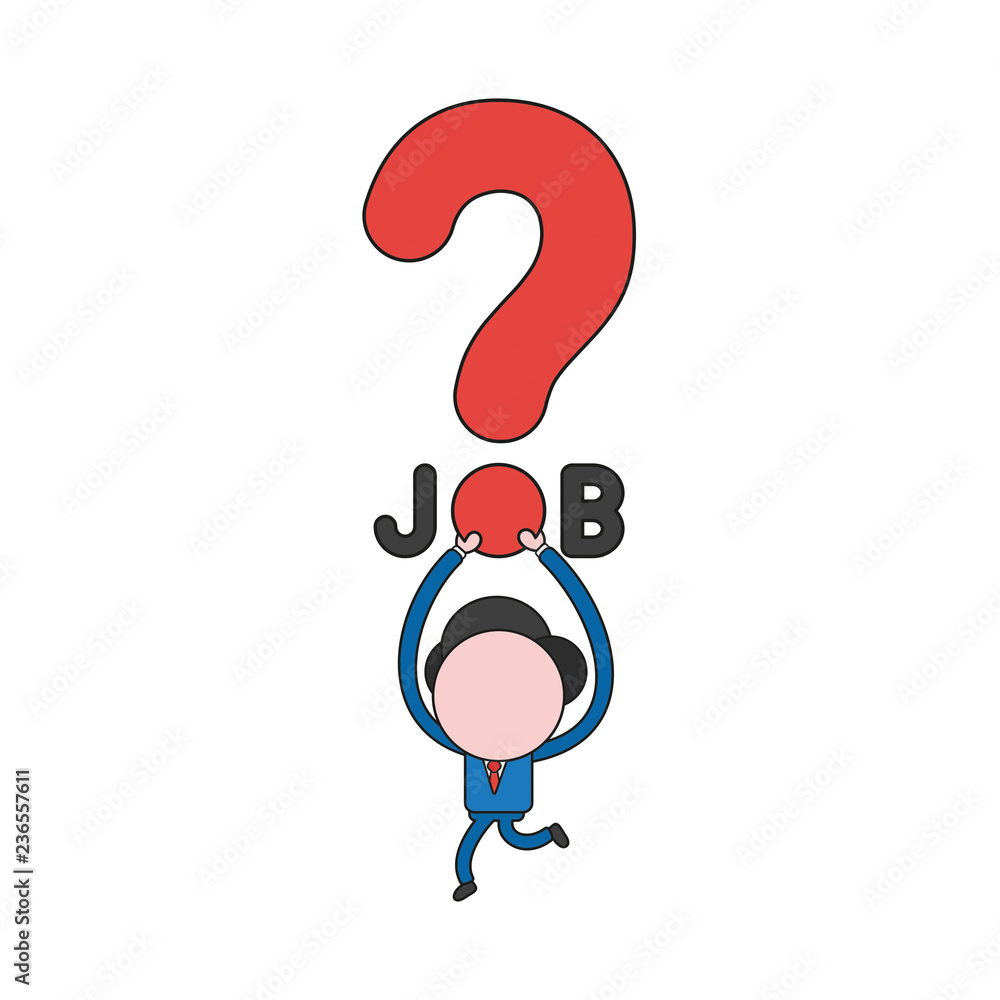 Vector illustration of businessman character running and carrying job word with question mark. Color and black outlines. Vector illustration of businessman character running and carrying job word with question mark. Color and black outlines.