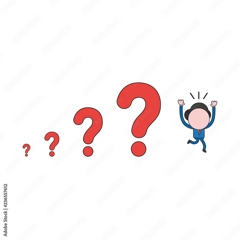 Vector illustration of businessman character running away from question marks. Color and black outlines.