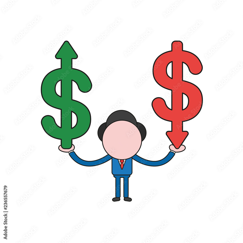 Vector illustration of businessman character holding dollar symbols with arrow moving up and down. Color and black outlines. Vector illustration of businessman character holding dollar symbols with arrow moving up and down. Color and black outlines.