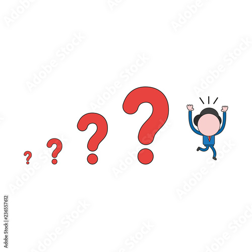 Vector illustration of businessman character running away from question marks. Color and black outlines.