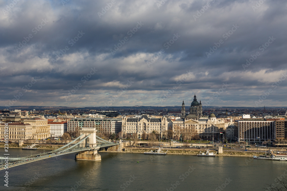 view of the embankment of the river Danube and bridge in Budapest , Hungary