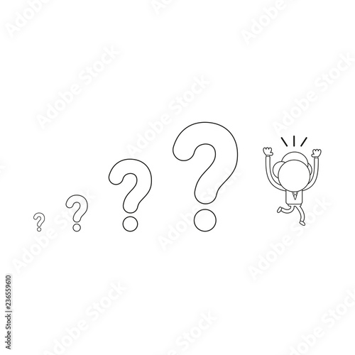 Vector illustration of businessman character running away from question marks. Black outline.