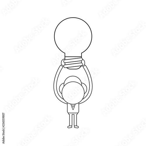 Vector illustration of businessman character holding up light bulb. Black outline.