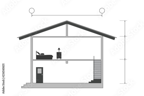 Cross section of silhouette modern house building with blank inside room, vector illustration