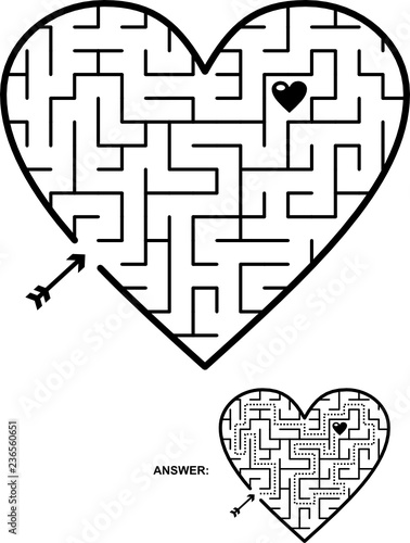 Valentine's Day, wedding, romantic, etc., themed heart shaped maze or labyrinth game. Suitable both for kids and adults. Answer included.

