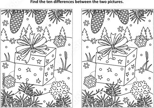 Winter holidays themed find the ten differences picture puzzle and coloring page with gift or present
