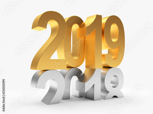 The silver number 2018 changes to golden number 2019. 3D illustration