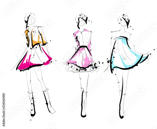 Sketch. Fashion Girls on a white background. Vector illustration