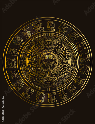 Maya calendar of Mayan or Aztec vector hieroglyph signs and symbols. Golden symbol of maya.
