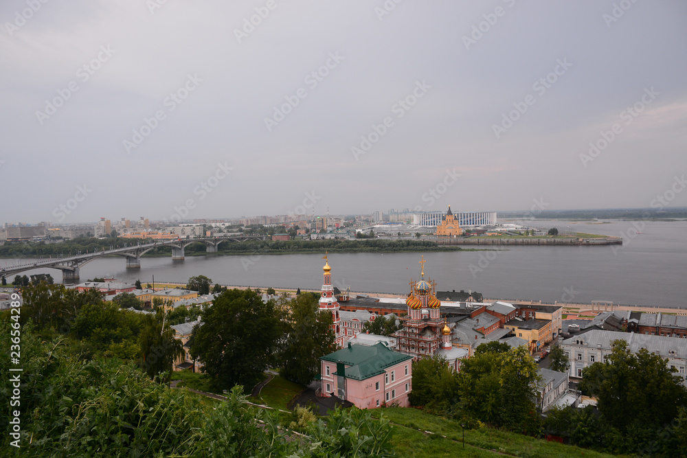 NIZHNY NOVGOROD, RUSSIA - JULY 31, 2018: Panoramic view from Fedorovsky embankment one of the most beautiful viewpoints in Nizhny Novgorod