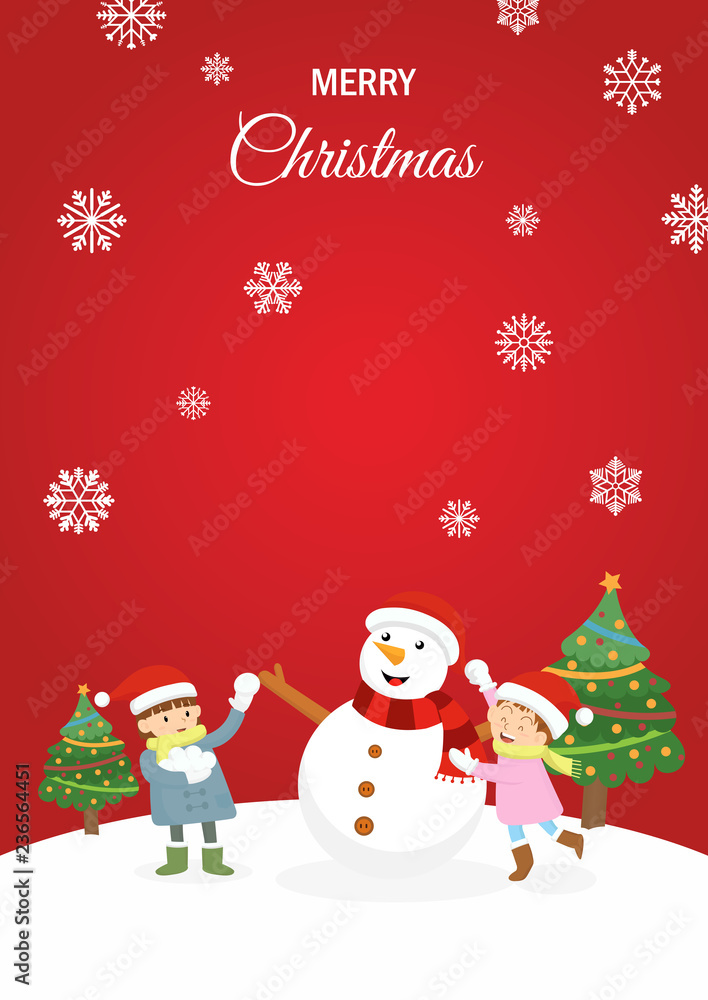 Kids playing with snowman in the Christmas time. Picture for Christmas card and invitation. Kids playing with snowman in the Christmas time. Picture for Christmas card and invitation.