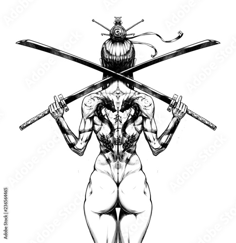 Female samurai with two Katanas photo