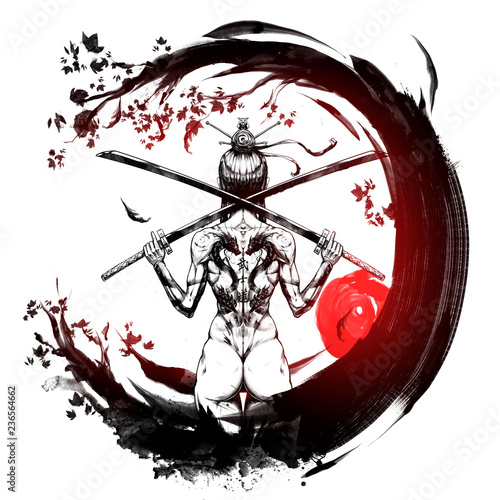 sour-eland529: takato yamamoto samurai girl geisha demon mask sword stance  japanese dragon in background