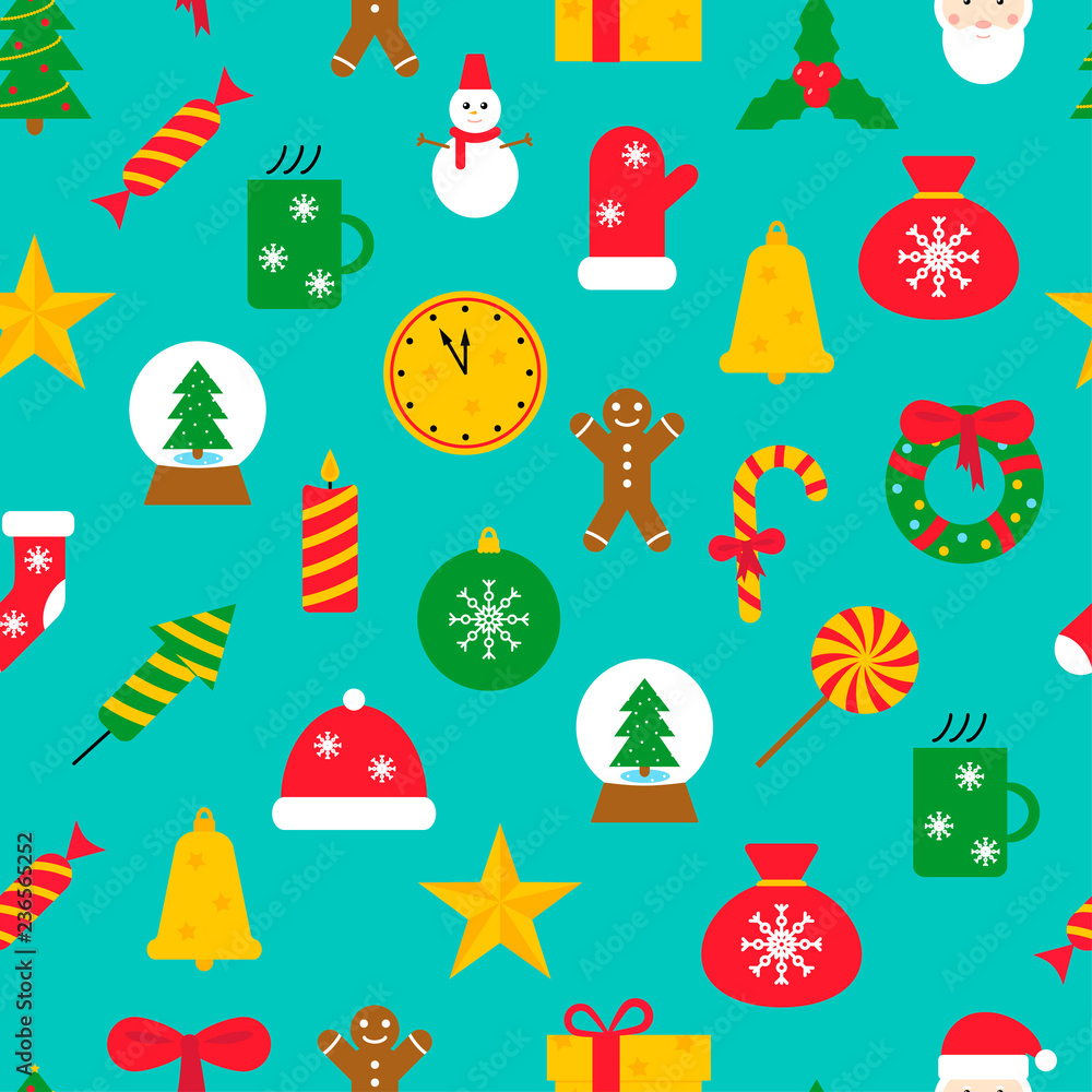 Seamless pattern with New Year icons. Vector illustration in flat design