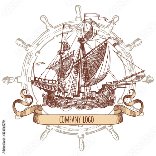 Adventure stories. Pirate background. Vintage border frame. Old caravel, vintage sailboat