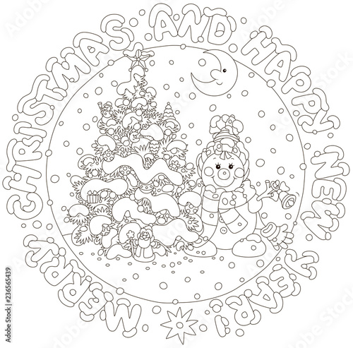 Christmas and New Year card with a funny smiling snowman, a decorated fir-tree and lettering design of holiday greetings, black and white vector illustration in a cartoon style