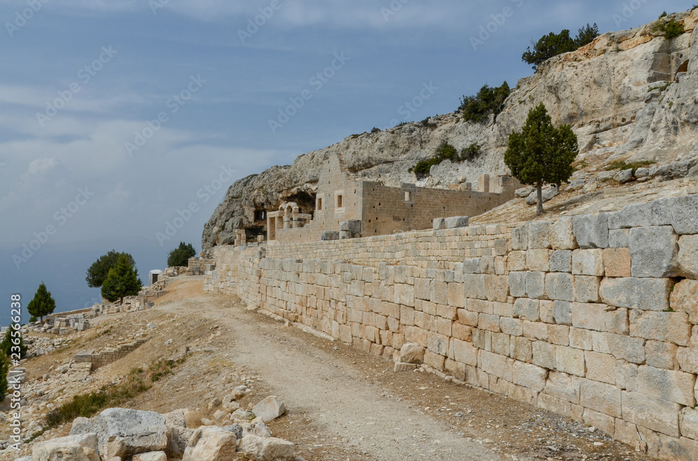 Colonnaded Walkway and ruins of West Church in Alahan Monastery in the mountains of Isauria  Mut, Mersin province, Turkey