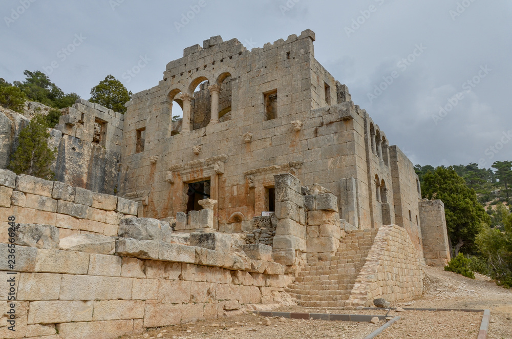 ruins of East Church in Alahan Monastery in the mountains of Isauria Mut, Mersin province, Turkey ruins of East Church in Alahan Monastery in the mountains of Isauria Mut, Mersin province, Turkey