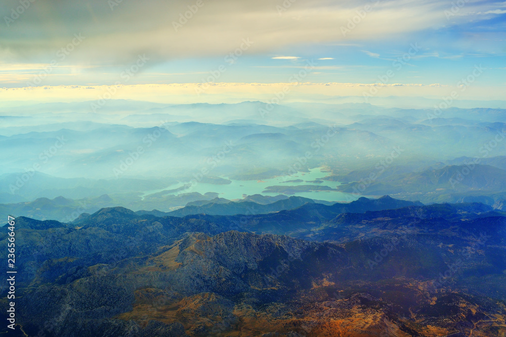 Aerial view of mountains under the clouds in Turkey