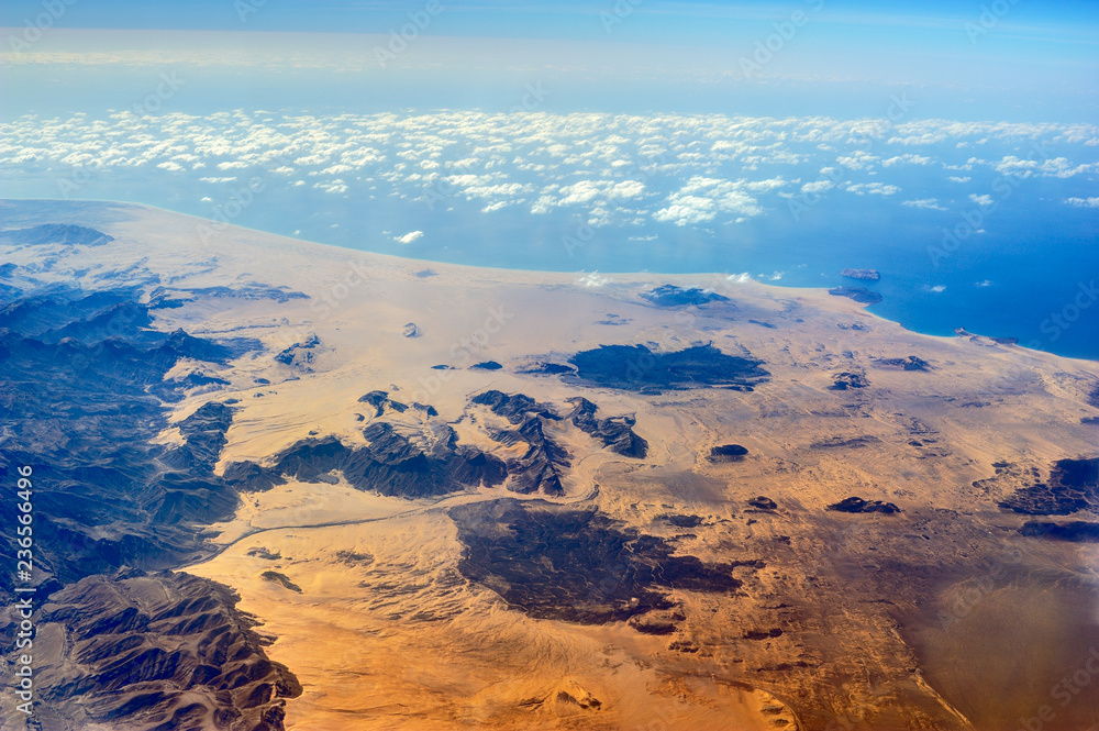 Aerial view of mountains and coast of Arabian sea in Yemen