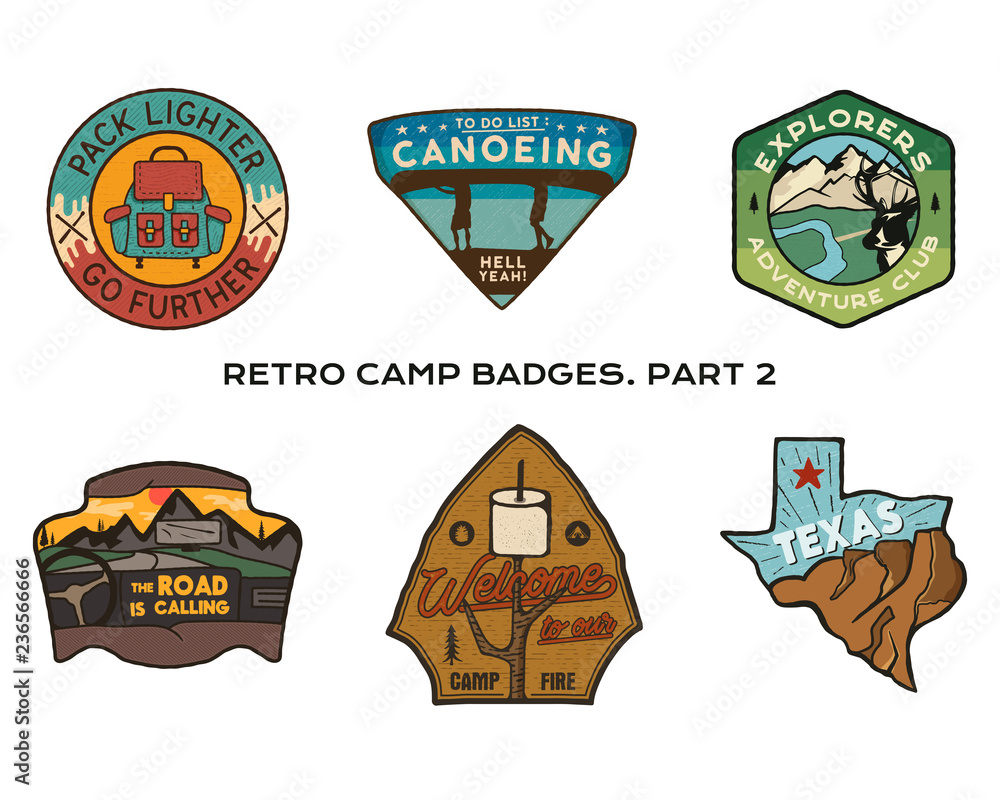 Vintage hand drawn travel badges set. Camping labels concepts. Mountain  expedition logo designs. Outdoor hike emblems. Camp logotypes collection.  Stock patches isolated Stock Illustration