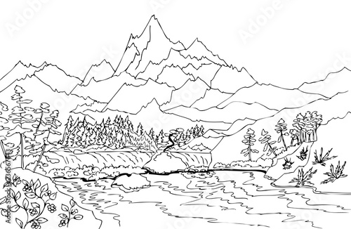 Landscape with high mountains and waterfall. Hand drawn illustrations for coloring