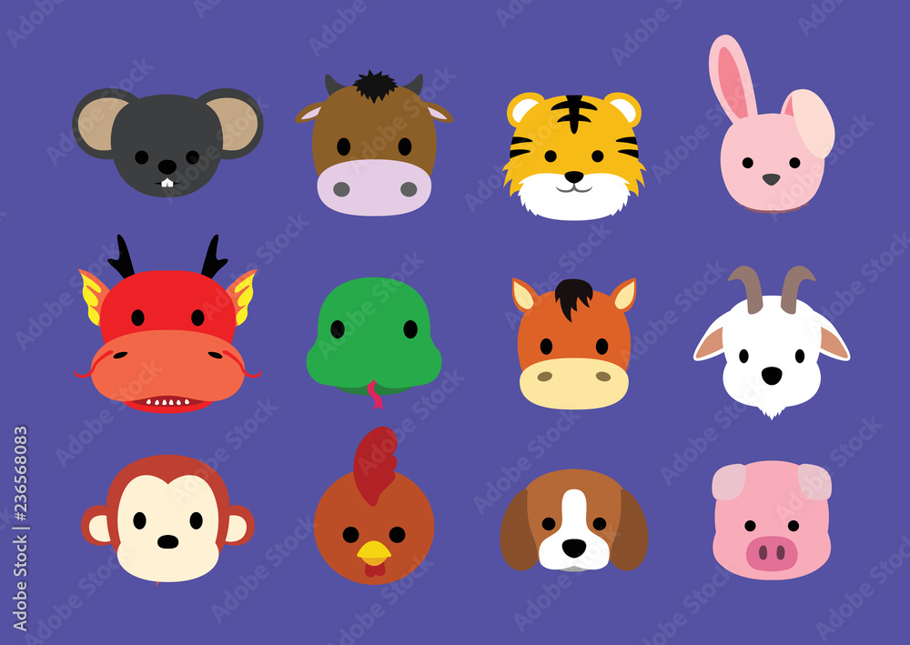 Flat Animal Faces Icon Cartoon (Chinese Zodiac) Flat Animal Faces Icon Cartoon (Chinese Zodiac)