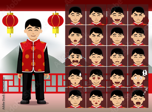 Chinese Teen Boy Cartoon Emotion faces Vector Illustration