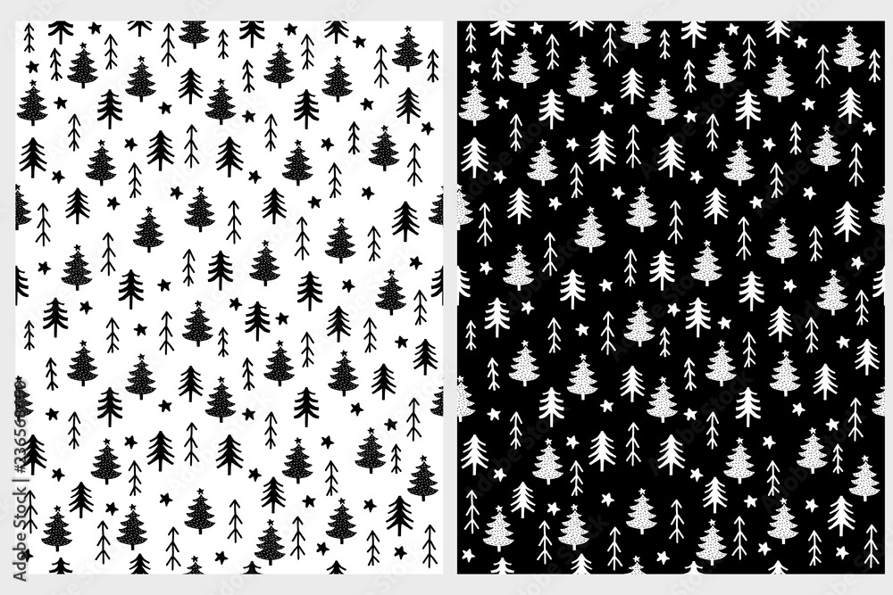 Cute Infantile Style White Christmas Trees Vector Pattern. White and Black  Simple Design. Black Background. Winter Forest with Satrs Among Trees.  Abstract Illustration. Stock Vector | Adobe Stock