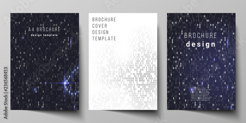Vector layout of A4 format cover mockups design templates for brochure, magazine, flyer, booklet, report. Binary code background. AI, big data, coding or hacker concept, digital technology background