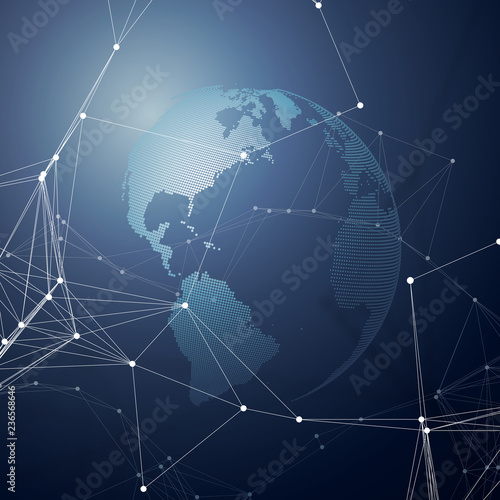 World globe on blue background with connecting lines and dots, polygonal linear texture. Global network connections, abstract futuristic geometric design, dig data technology digital concept.