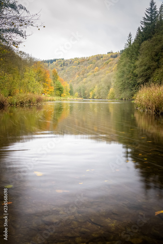Ourthe river running through the autumn forest with the beautiful red, yellow and orange colors Ardennes