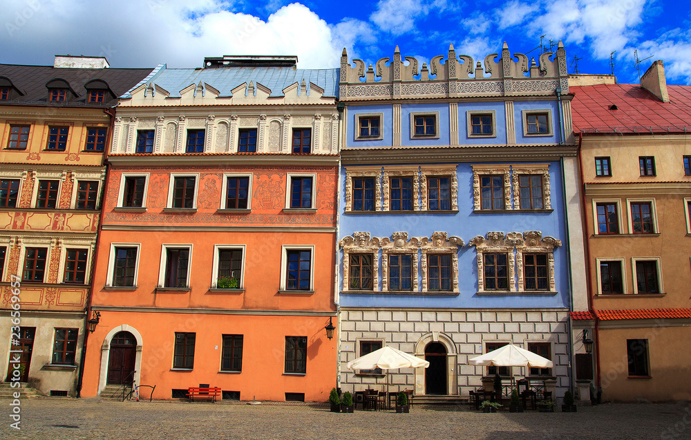 Historic buildings of the old town in the historic Great Market Square in Lublin.