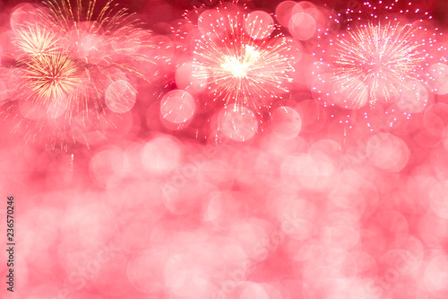 Red bokeh with Firework for New year or Celebrate background