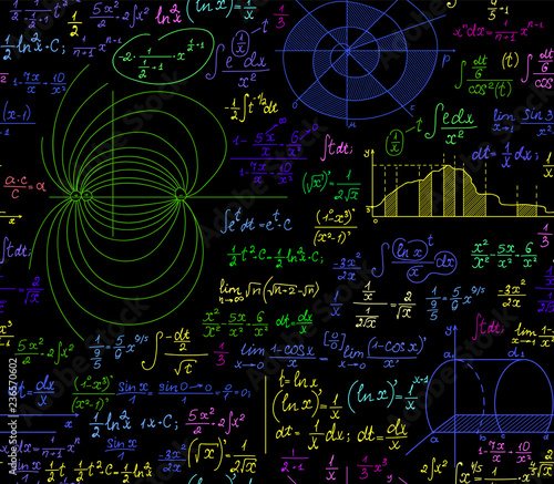 Math multicolored vector seamless pattern with various algebra formulas, calculations and geometrical figures. You can use any color of background