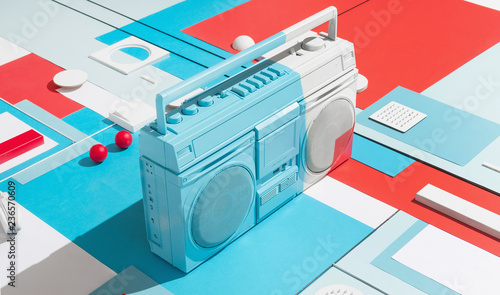 Boom box /cassette player in abstract designed composition.