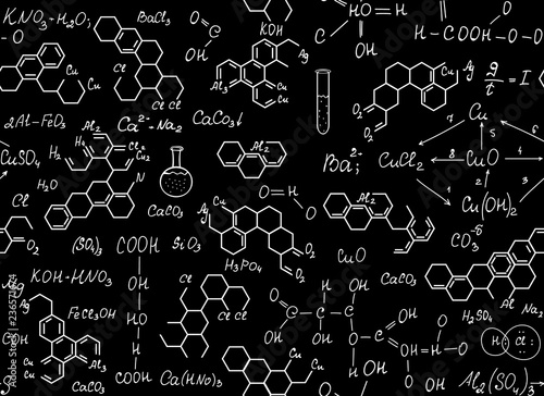 Chemical vector seamless pattern with handwritten chemistry formulas. Scientific endless educational background